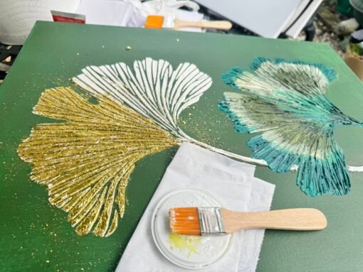 Ginko Leafs nature green gold paint structured 3D textured art - Image 6