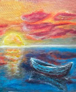 Handmade textured art painting Boat on the sea Relax