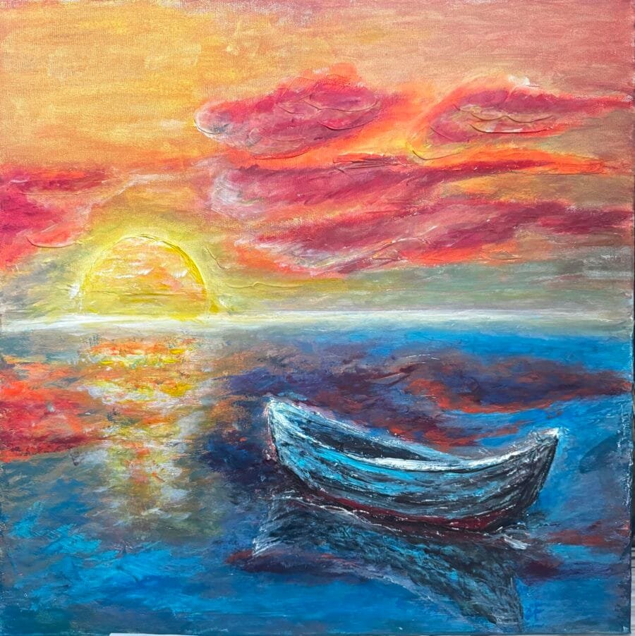 Handmade textured art painting Boat on the sea Relax