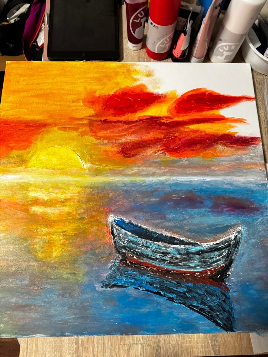 Handmade textured art painting Boat on the sea Relax