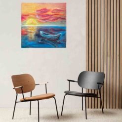 Handmade textured art painting Boat on the sea Relax