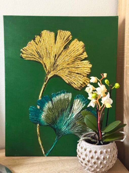 Ginko Leafs nature green gold paint structured 3D textured art - Image 2