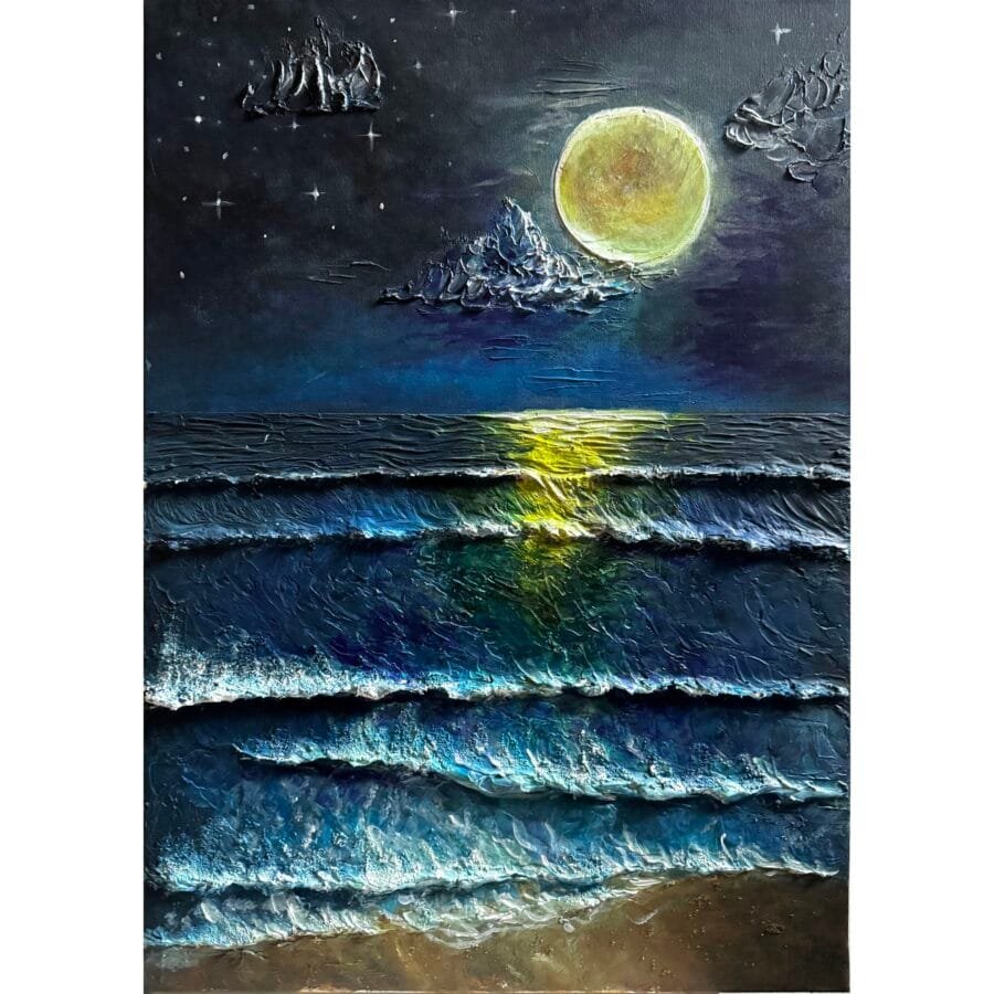 Moonlight on the sea nature paint structured 3D wall art