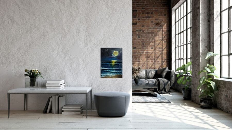 Moonlight on the sea nature paint structured 3D wall art