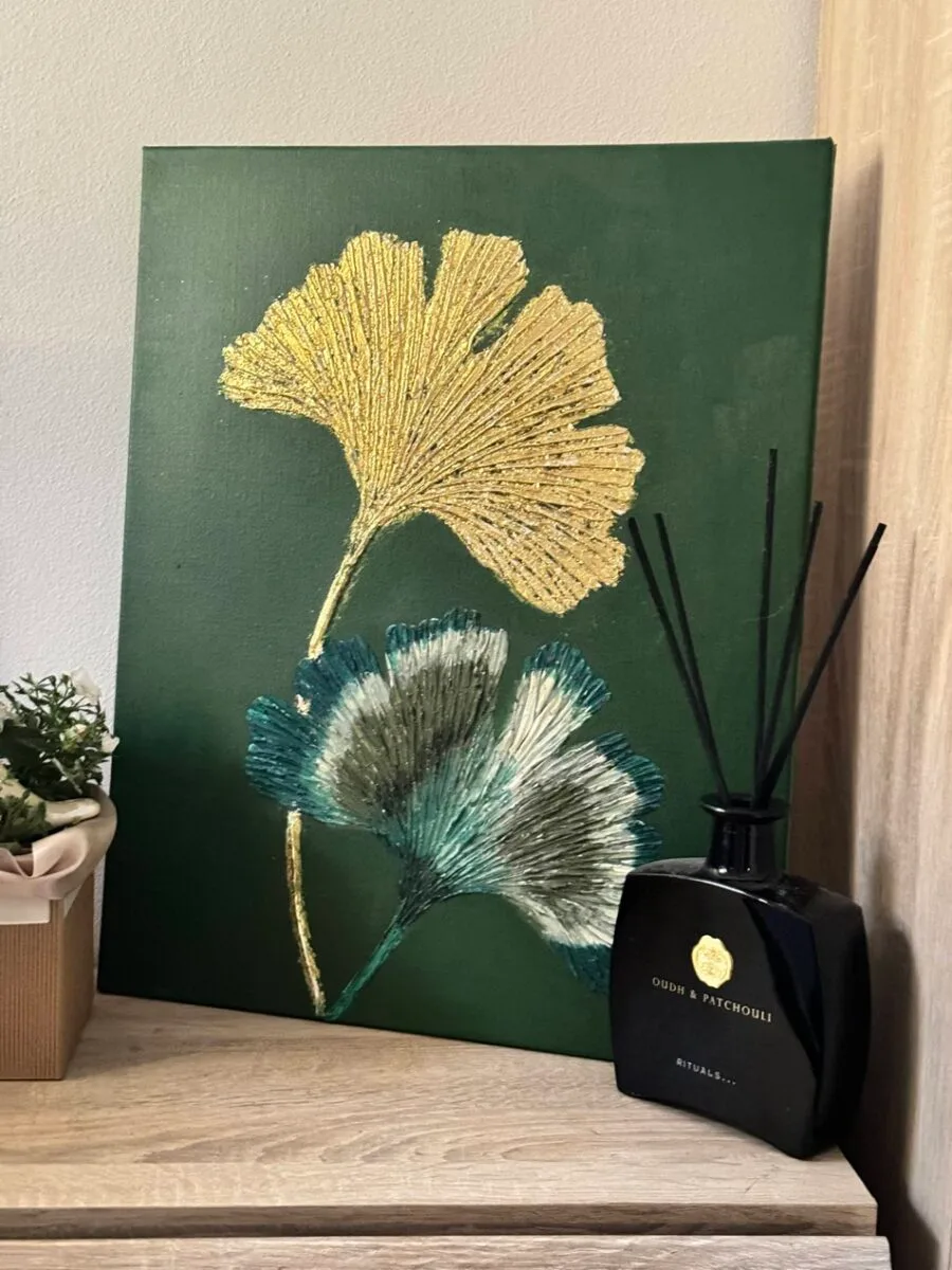 Ginko Leafs nature green gold paint structured 3D textured art - Image 4
