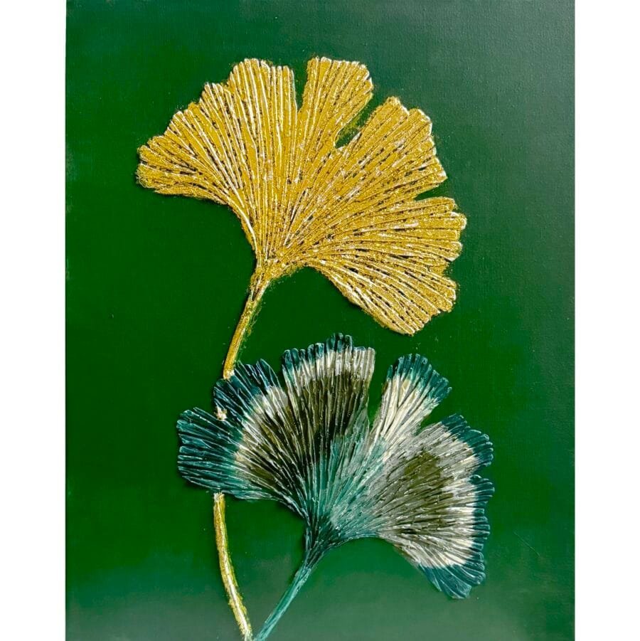 Ginko Leafs nature green gold paint structured 3D textured art