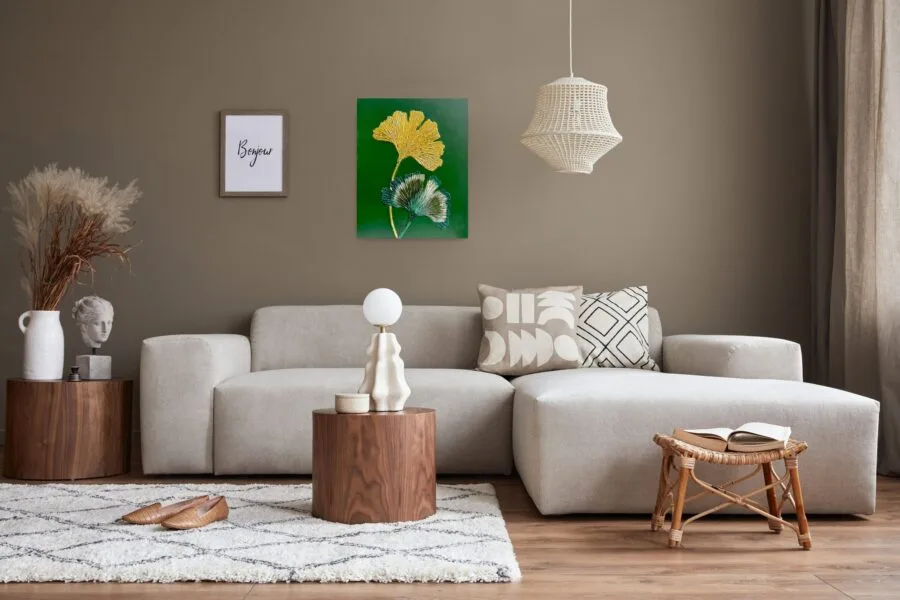 Ginko Leafs nature green gold paint structured 3D textured art - Image 2