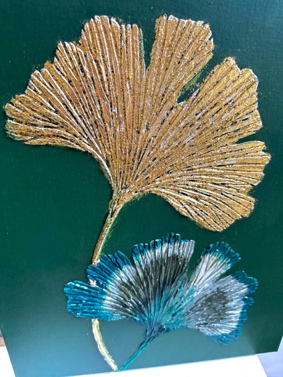 Ginko Leafs nature green gold paint structured 3D textured art