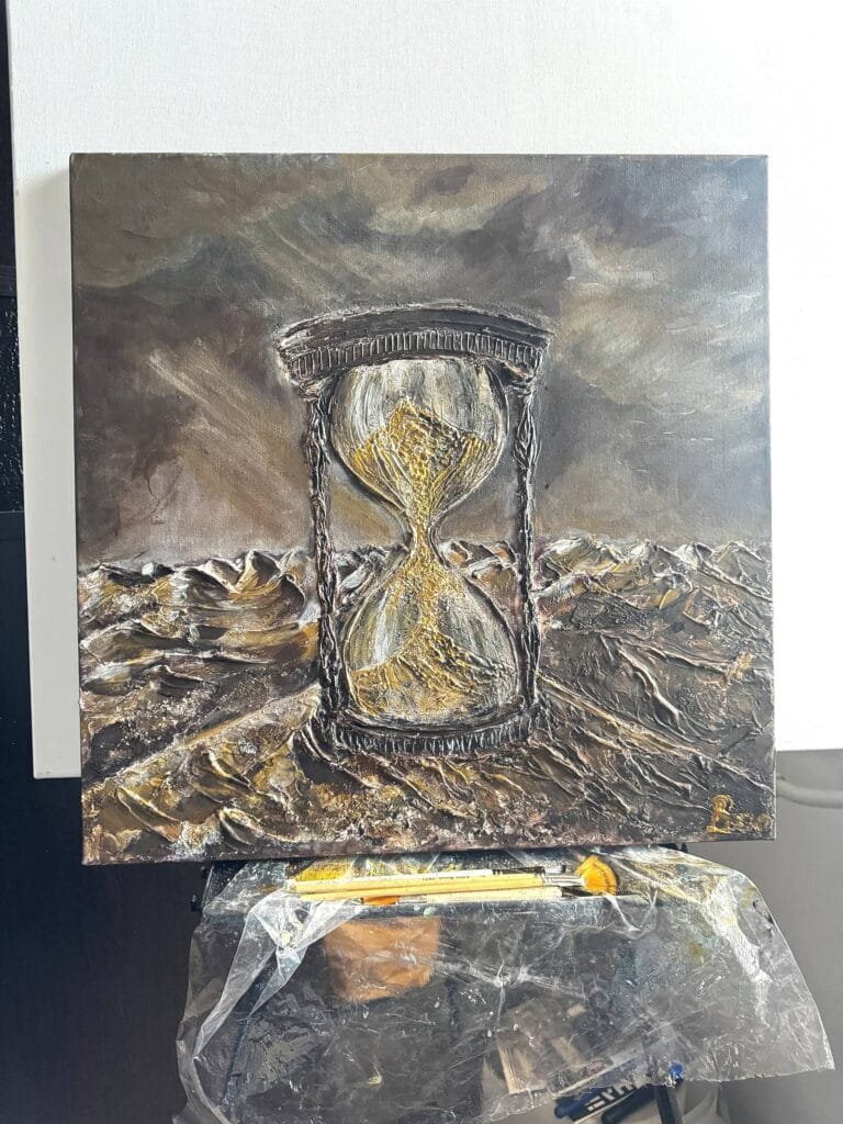 Handmade textured art painting 50x50cm Sand Clock time design brown