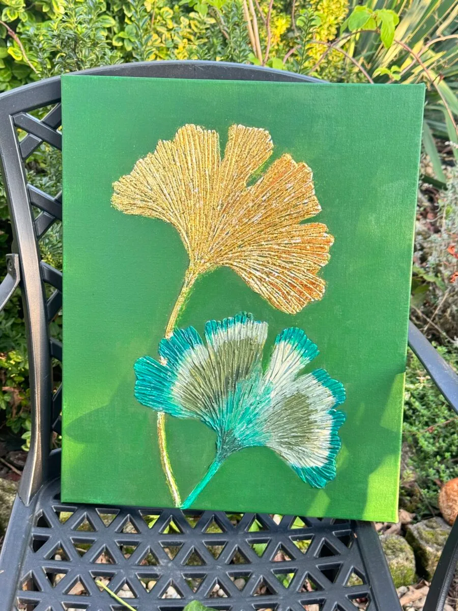 Ginko Leafs nature green gold paint structured 3D textured art - Image 5