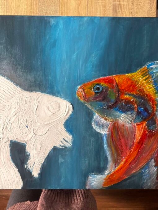 Handmade 3D textured art painting 60x60 Fish couple sea - Image 6
