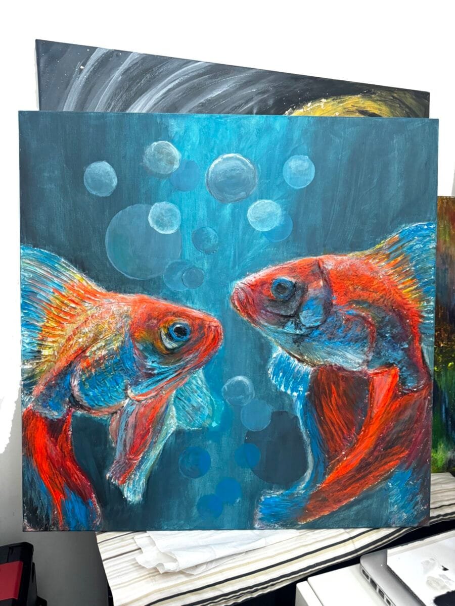 Handmade 3D textured art painting Fish couple sea