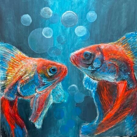 Handmade 3D textured art painting Fish couple sea