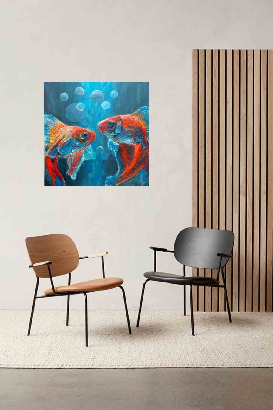 Handmade 3D textured art painting Fish couple sea