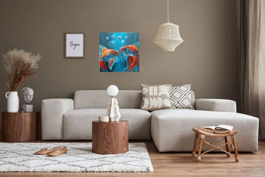 Handmade 3D textured art painting 60x60 Fish couple sea - Image 4