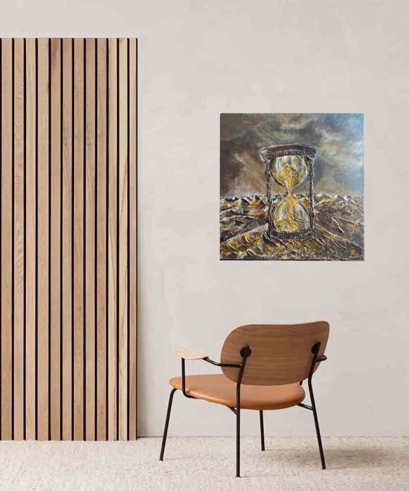 Handmade textured art painting 50x50cm Sand Clock time design brown