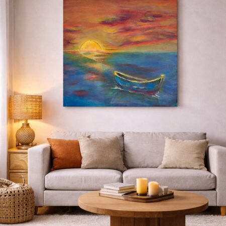 Handmade textured art painting Boat on the sea Relax