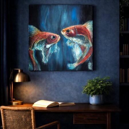 Handmade 3D textured art painting 60x60 Fish couple sea