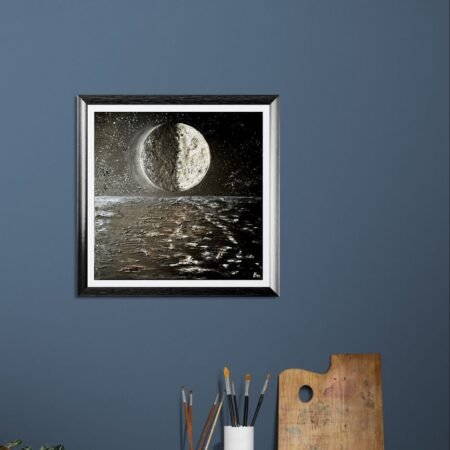 Handmade art textured painting silver moon universe black