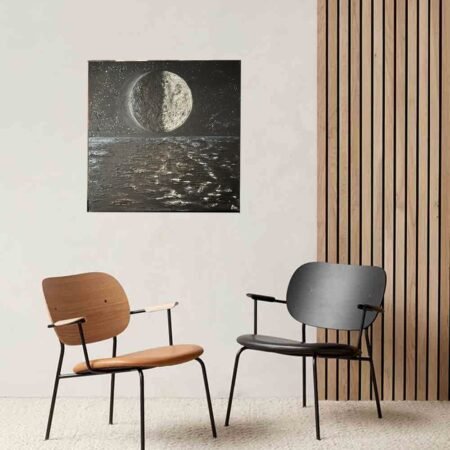 Handmade art textured painting silver moon universe black